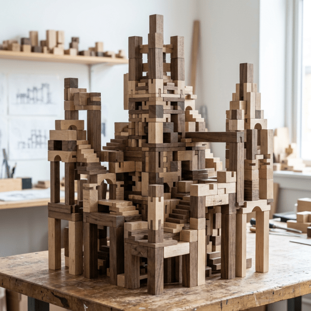 Intricate wooden structure made of interlocking blocks with stairs and arches.