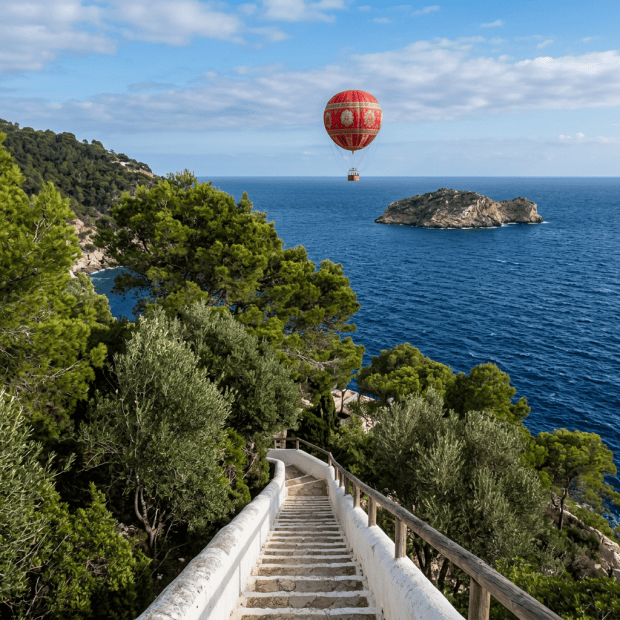 White staircase through coastal pines, blue sea, rocky island, and red hot-air balloon